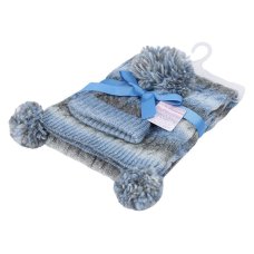 HW05-B: Blue Cable Hat & Wrap Set w/Pom Poms